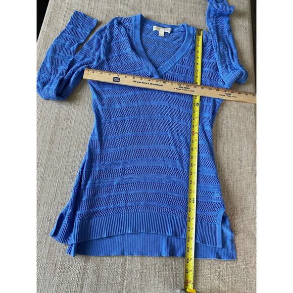 MICHAEL KORS Sweater Womens V-Neck Sheer Long Sleeve Hi-Low Cotton Blend Blue M - Picture 3 of 6